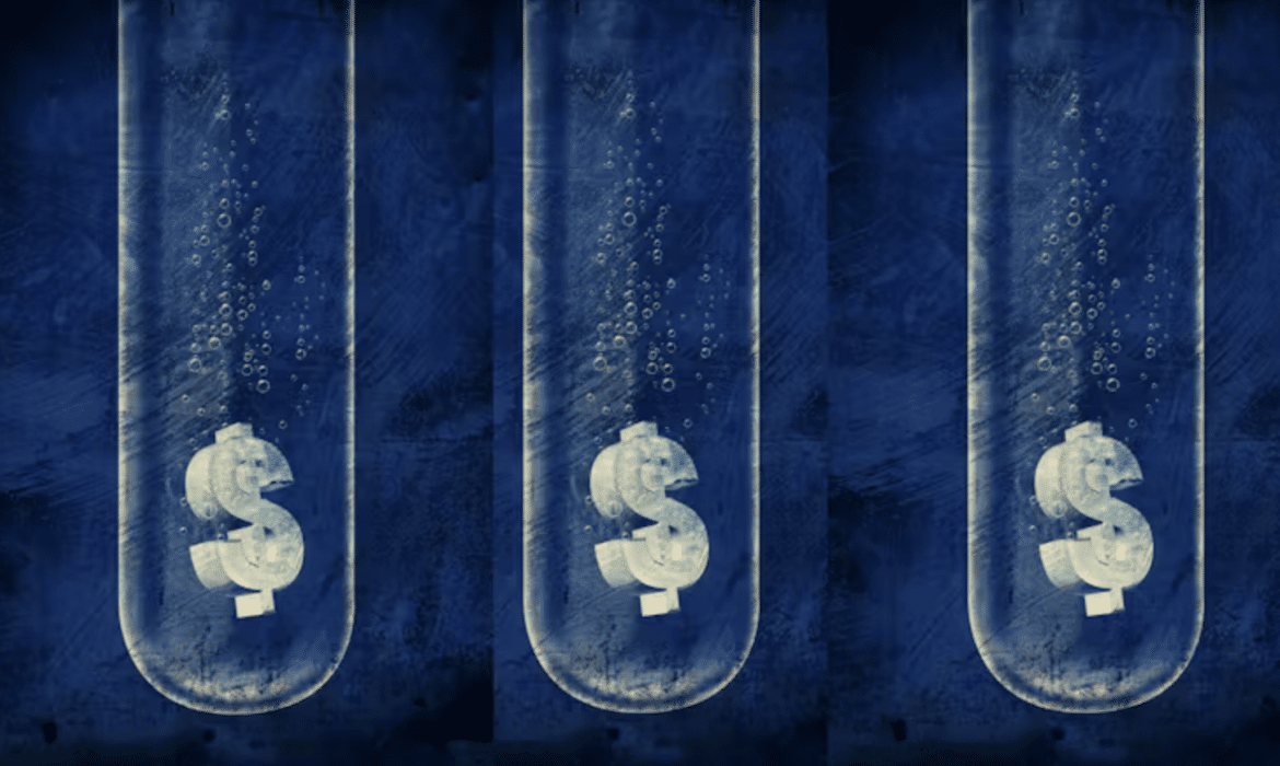 An illustration of white dollar signs in test tubes, set against a navy blue background